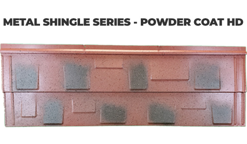 reddish orange powder coated metal shingle roofing