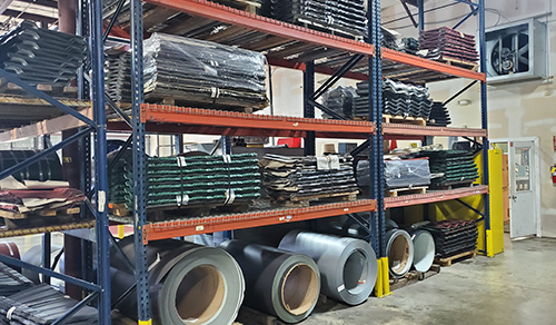metal roofing materials stored on shelves
