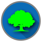 A logo indicating environmentally-friendly, featuring a green tree with a blue background.