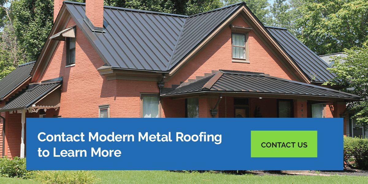 contact modern metal roofing CTA with house with black standing seam metal roof